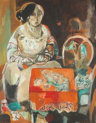 רות שלוס - 2013 – 1922. אישה ליד שולחן, שמן על בד, 65x50 ס"מ, חתום.