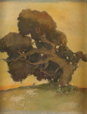 אבל פן - 1963 – 1883. עץ זית בנוף, 1950, פסטל על נייר, 61x45 ס"מ, חתום.