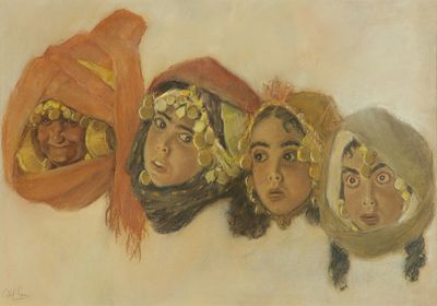 אבל פן - 1963 – 1883. ארבע אימהות, פסטל על נייר, 45x67 ס"מ, חתום.