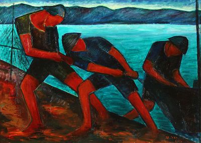 יואל טנא - טננבאום - 1973 – 1889. דייגים, 1925, שמן על בד, 65x92 ס"מ, חתום ומתוארך. מקור: משפחת 