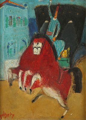 נחום גוטמן - 1980 – 1898. כרכרה ביפו, שמן על בד מוצמד לקרטון, 33x24 ס"מ, חתום. מקוריות הציור אושרה 