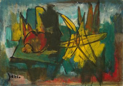 מרסל ינקו - 1984 – 1895. טבע דומם, שמן על בד מוצמד לקרטון, 35x50 ס"מ, חתום.