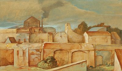 שמואל בק - נ. 1933. נוף, טכניקה מעורבת על נייר מוצמד לבד, 14x25 ס"מ, חתום.