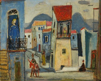 אברהם נתון - 1959 – 1906. דמויות במרפסות, שמן על קרטון, 40x50 ס"מ, חתום.