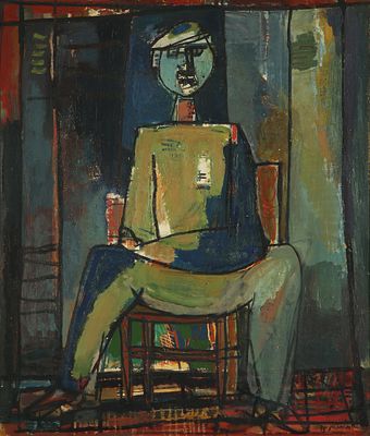 אברהם נתון - 1959 – 1906. דמות על כיסא, 1949, שמן על דיקט, 60x50 ס"מ, חתום ומתוארך.