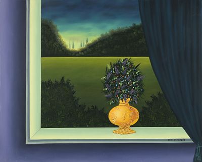 מאיר פיצ'חדזה - 2010 – 1955. פרחים על אדן החלון, שמן על בד, 80x100 ס"מ, חתום. מקוריות הציור אושרה 