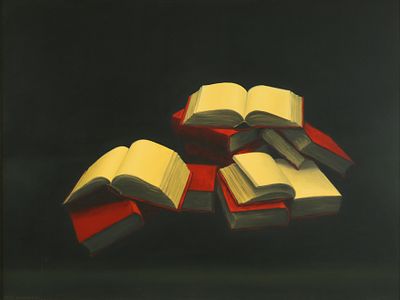 מאיר פיצ'חדזה - 2010 – 1955. ספרים, שמן על בד, 76x101 ס"מ, חתום. מקוריות הציור אושרה ע"י דביר אביאל 