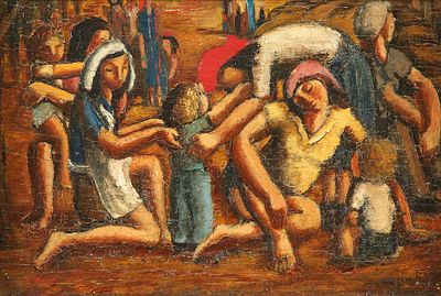 יוחנן סימון - 1976 – 1905. מנוחה בקיבוץ, שמן על דיקט, 17x25 ס"מ, חתום.