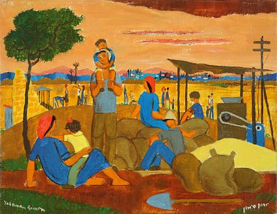 יוחנן סימון - 1976 – 1905. דמויות בקיבוץ, שמן על בד, 27x35 ס"מ, חתום. יוחנן סימון היה צייר ישראלי 