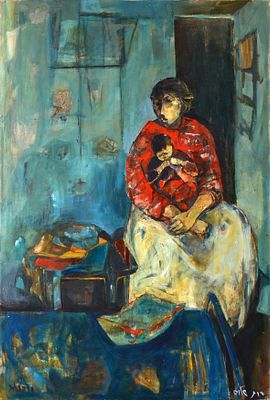 רות שלוס - 2013 - 1922. אם ותינוק, אקריליק על בד, 195X130 ס"מ, חתום. מקור: עיזבון האמנית.