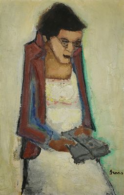 מיכאל גרוס - 2004 – 1920. אישה עם ספר, 1952, שמן על בד, 117x72 ס"מ, חתום. ציור האישה הלא-צעירה 
