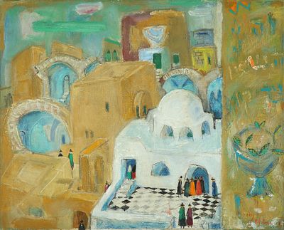 נחום גוטמן - 1980 – 1898. בית כנסת "אברהם אבינו", חברון, 1927, שמן על בד, 65x81 ס"מ, חתום ומתוארך. 