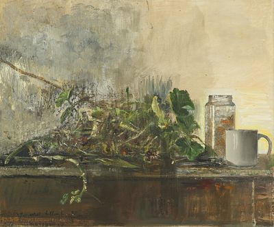 עופר ללוש - נ. 1947. טבע דומם על השולחן, 1990, שמן על בד, 50x61 ס"מ, חתום ומתוארך.