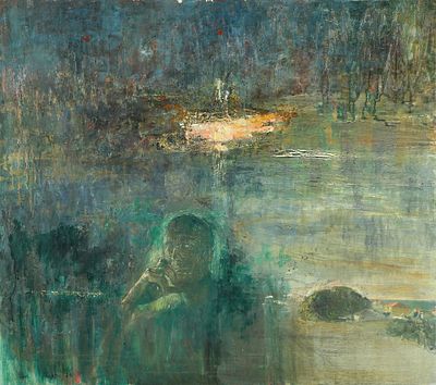 עופר ללוש - נ. 1947. דיוקן עצמי ונוף, שמן על בד, 115x130 ס"מ, חתום.