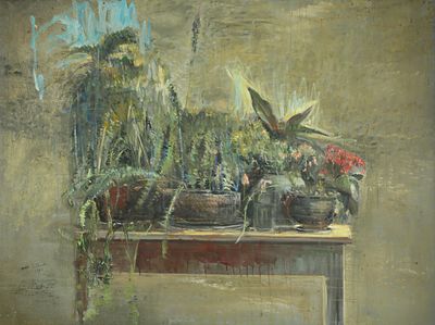 עופר ללוש - נ. 1947. פרחים על השולחן, 1987, שמן על בד, 96x130 ס"מ, חתום ומתוארך.