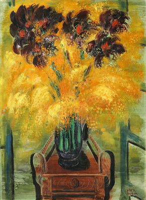 ראובן רובין - 1974 – 1893. מימוזות ואירוסים, שמן על בד, 92x65 ס"מ, חתום. חתום ומתואר מאחור. מקור: 