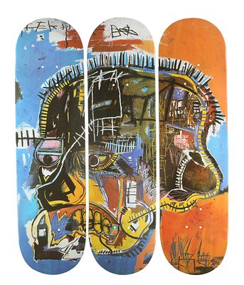 Jean-Michel Basquiat - 1960-1988. Three skateboard decks, 80X20 cm. each. Signed and stamped on the 