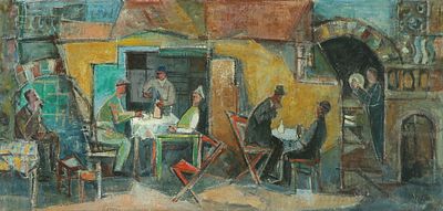Jakob Eisenscher - 1980 - 1896
. Figures in a Cafe in Safed, 
Oil on cardboard, 54x115 cm, 
Signed.