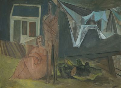 Avraham Ofek - 1935 - 1990
. Fishermen, 1966, 
Oil on canvas, 65x92 cm, 
Signed and dated.