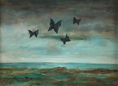 Yosl Bergner - 1920 - 2017
. Butterflies over the sea, 
oil on cardboard, 24x34 cm. 
signed.