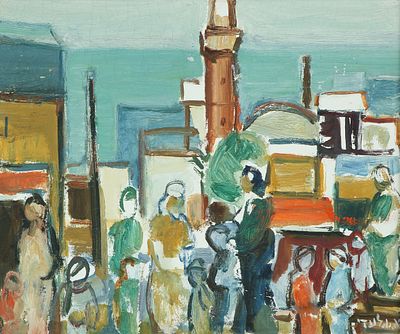 Aharon Giladi - 1907 - 1993. Figures in Jaffa, 
Oil on canvas, 46x55 cm, 
Signed.