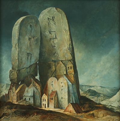 שמואל בק - נ. 1933. לוחות הברית, 1977, 
שמן על בד, 60x60 ס"מ, 
חתום ומתוארך.