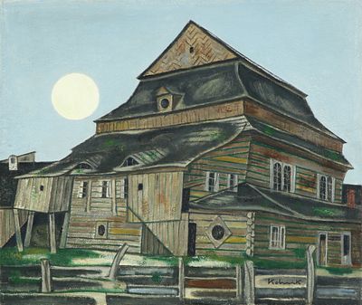 Arthur Kolnik - 1890 - 1972 . Synagogue, 
Oil on cardboard, 60x73 cm. 
Signed.