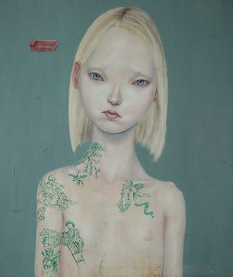 Teiji Hayama - b. 1975. Figure, 
Oil on wood, 70x60 cm, 
Signed.