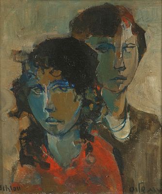Ruth Schloss - 1922 - 2013 . Girls, 
Oil on canvas mounted on cardboard, 30x25 cm, 
Signed.