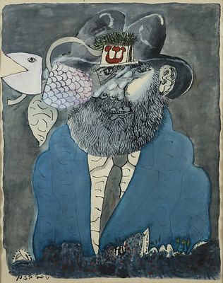 Naftali Bezem - 1924 - 2018. Figure with a "Shin", 
Gouache on paper, 60x45 cm, 
Signed.