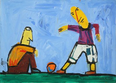 Leo Ray - b. 1950. Kids with a Ball, 
Oil on canvas, 50x70 cm, 
Signed.