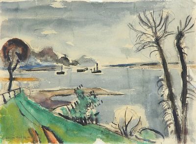 Helmuth Macke - 1891 - 1936
. Steamships on the Rhine, 
Watercolor on paper, 25x34.5 cm. 
Signed.