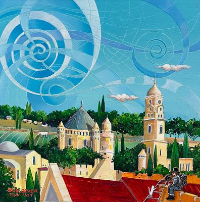 Zoe Sever - b. 1974. Chimney Sweep of the Rooftops of Jerusalem, 
Oil and acrylic on canvas, 50x50 