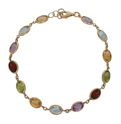 צמיד זהב 9K. משובץ אבני חן שונות. אורך כ-18.5 ס"מ. משקל כ-4.8 גרם