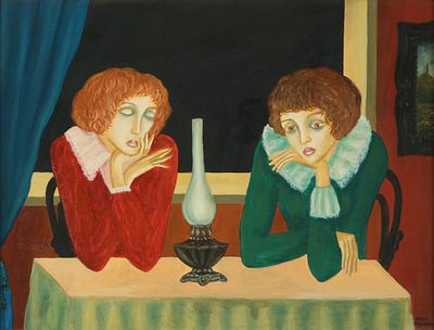 מאיר פיצ'חדזה - 2010 - 1955. 2 נשים, 
שמן על דיקט, 30x40 ס"מ, 
חתום. 
מקוריות הציור אושרה ע"י דביר 