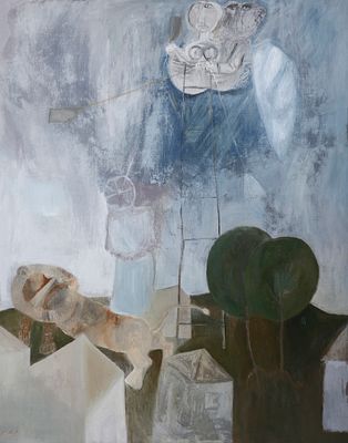 נפתלי בזם - 2018 - 1924. זוג בשמיים, 
שמן על בד, 92x73 ס"מ, 
חתום וחתום מאחור.