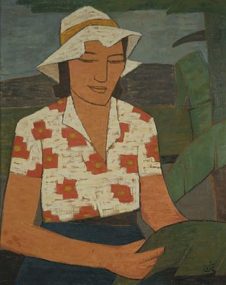 שמואל שלזינגר - 1986 - 1896. נערה עם כובע, 
שמן על בד, 73x56 ס"מ, 
חתום.