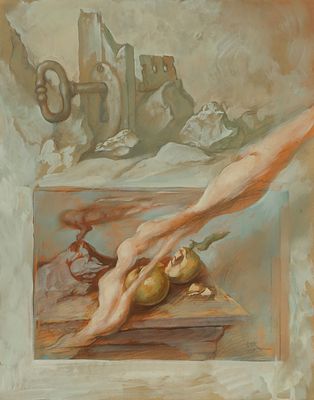 שמואל בק - נ. 1933. תפוחים ומפתח, 1967, 
אקוורל ועפרון על נייר 35x27 ס"מ, 
חתום.