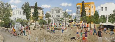 הלנה ליברמן - נ. 1971. כיכר ביאליק, תל-אביב, 
שמן על בד, 30x90 ס"מ, 
חתום.