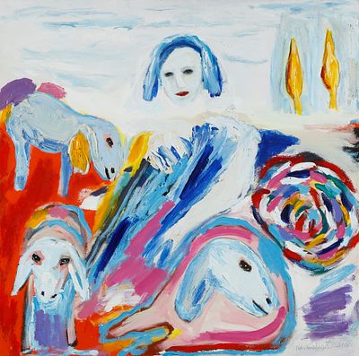 מנשה קדישמן - 2015 - 1935. רועה צאן, 
אקריליק על בד, 100x100 ס"מ, 
חתום. חתום מאחור. 
מקוריות הציור 