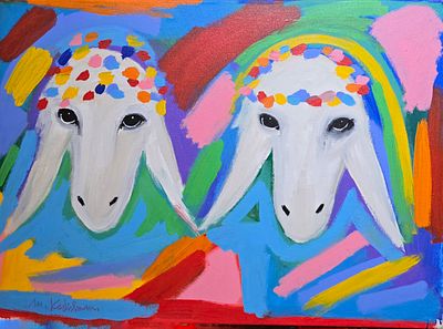 מנשה קדישמן - 2015 - 1935. 2 כבשים, 
אקריליק על בד, 60x80 ס"מ, 
חתום וחתום מאחור. 
מקוריות הציור 