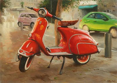 קים טקאץ - נ. 1963. וספה אדומה, 2016, 
שמן על עץ, 21x30 ס"מ, 
חתום. וחתום ומתוארך מאחור.