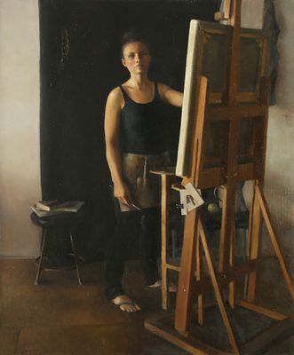 קלייר הווארד - נ. 1977. האמנית בסטודיו, 
שמן על בד, 78x64 ס"מ, 
חתום.