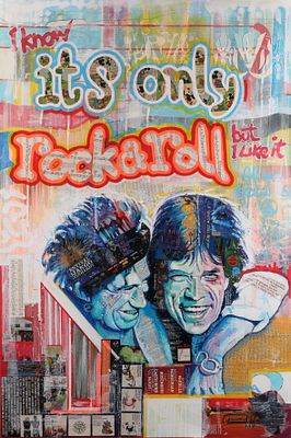 אריק ברכה - נ. 1968. מיק ג'אגר, 
אקריליק, טכניקה מעורבת וקולאז' על בד, 120x80 ס"מ, 
חתום.