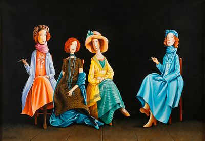 אבי בלאיש - נ. 1954. שיח נשים, 
אקריליק על בד, 80x120 ס"מ, 
חתום.