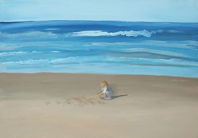 גליה זמיר - נ. 1954. ילד על חוף הים, 
אקריליק על בד, 50x70 ס"מ, 
חתום.