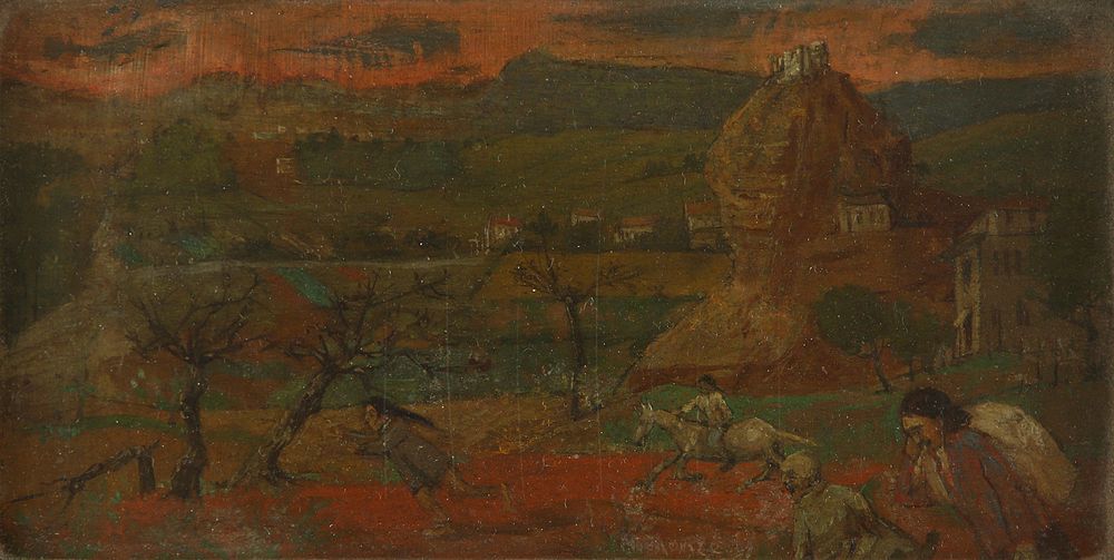Gregoire Michonze - 1902 - 1982. Horseman and Figures in a Landscape, 1967, 
Oil on plywood, 10x20 