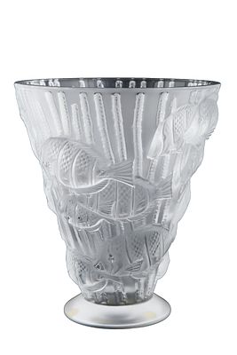 LALIQUE. FRENCH CRYSTAL VASE. Decorated with reliefs of fish against a coral background, on 
