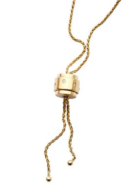 PIAGET 18K GOLD NECKLACE. In a tie style. Kinetic element decorated and set with small diamonds. 