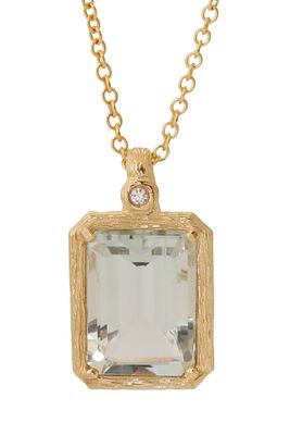 14K GOLD PENDANT. Rectangular, set with a small diamond and green amethyst. Includes a 14K Gold 